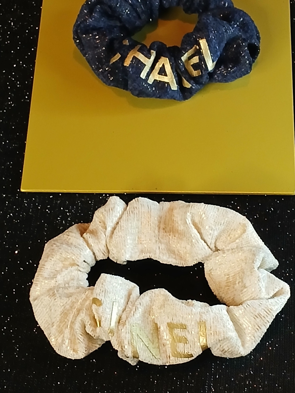CHANEL Beaute Cream/Navy Metallic Woven Tweed Fabric Scrunchie Set Of 2